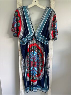 Bohemian V-Neck Printed Midi Coverup in Navy, Red & Teal